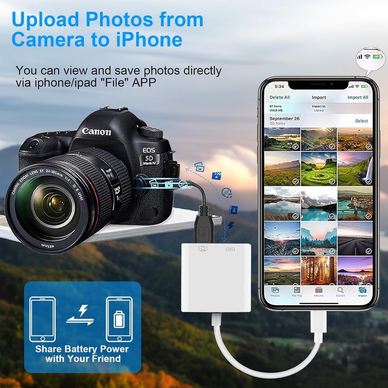 Denlane محول كاميرا Lightning إلى USB، [معتمد من Apple MFi] محول USB 3.0 أنثوي إلى iPhone iPad مع منفذ شحن، كابل محول OTG قابل للتوصيل والدخول يدعم قارئ البطاقات ومحركات الفلاش ولوحة المفاتيح - Image 5